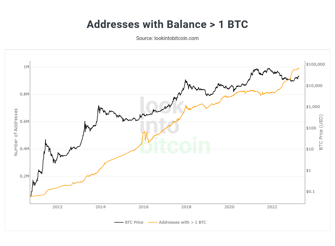Bitcoinadressen met meer dan een hele bitcoin (oranje)